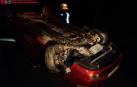 Los bomberos, junto al vehículo accidentado.