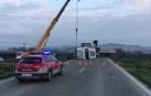 Labores en la NA-6220 tras el vuelco de un camión de ganado