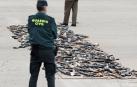 Un Guardia Civil observa los de varios centenares de armas incautadas en décadas pasadas a las bandas terroristas ETA y GRAPO antes de ser destruidas durante el acto celebrado en la Academia de la Guardia Civil de Valdemoro (Madrid).