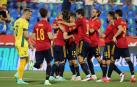 Jugadores de la selección española sub-21 celebran un gol ante Lituania