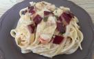 Imagen de la receta de nidos de pasta con gambones y jamón de pato