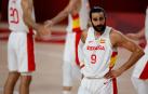 Ricky Rubio, máximo anotador de España con 18 puntos, cabizbajo tras caer ante Eslovenia