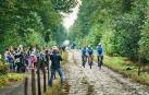 Los corredores del  Movistar Team el jueves por la mañana atravesando el Bosque de Aremberg