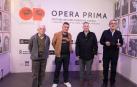 De izda. a dcha. Alfonso Verdoy (Cine Club Muskaria), Secun de la Rosa, Fernando Ferrer (edil de Tudela) y Sixto Iragui (Cine Club Muskaria)