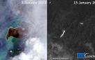 Imagen de satélite de la isla de Tonga antes y después de la erupción