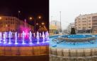 Imagen de la fuente el día que se inauguró y, a la derecha, la fuente, vacía y sin funcionar, el martes por la mañana