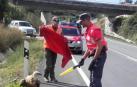 Imagen de varios agentes intentando ahuyentar a un buitre de la carretera