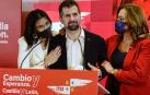 El candidato socialista a la presidencia de la Junta de Castilla y León, Luis Tudanca, durante su comparecencia en la sede del PSOE en Valladolid