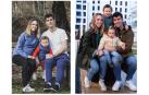 Andrea Garraza, embarazada antes del confinamiento, con su hijo Lucas y su marido, Iñaki Guergué. A la derecha, con Olivia, dos años después de nacer