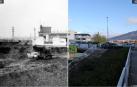 A la izquierda, el viejo puente sobre el trazado del Plazaola en 1975. Junto a él se puede ver el edificio social de la A.D. San Juan. A la derecha, el nuevo puente, ahora sobre la actual Avenida de Navarra