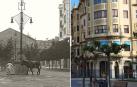 La avenida Carlos III de Pamplona en 1928, a la derecha, y en 2022, a la izquierda