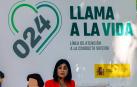 La ministra de Sanidad, Carolina Darias, este lunes en Madrid durante la presentación por parte del Ministerio de Sanidad de la línea 024 de atención a la conducta suicida