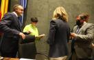 Javier Esparza, María Solana y Unai Hualde, este jueves en el Parlamento foral