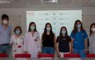 De izda. a dcha., Pablo Ijalba (Coordinador del Bachillerato de Investigación del IES Valle del Ebro); Teresa Rubio (Jefa del servicio de Medicina Interna); Ana Campillo (gerente del área de Salud de Tudela); Sofía Blasco  y Miren Borja (autoras del estudio junto con Celia Jiménez, que no pudo acudir); Leticia Álvarez (ginecóloga) y Lorena García (jefa de la Unidad de Cuidadosa la Mujer, Adolescente y Niño)