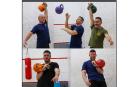De izq a dcha. Nelson Iban Salcedo, Eduardo Díez, entrenador del KTB Olympus, Patxi Ekiza, David González e Imanol Pedreño, campeones del mundo en Kettlebell entrenando en el polideportivo de Esquíroz
