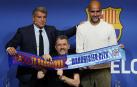 Laporta, Unzué y Guardiola, en la presentación del partido