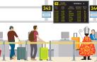 Ilustración de un aeropuerto, con San Fermín a la derecha