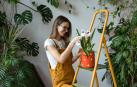 Una mujer, cuidando unas plantas