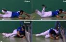 SIN PODER FRENAR. Jokin Altuna se tiró en plancha (foto 1 ) para tratar de restar una paradita al txoko de Ezkurdia. Tras golpear a la pelota y fruto de la velocidad no pudo parar el impacto contra el frontis (foto 2), que le afectó sobre todo a la cabeza y hombro izquierdo (foto 3) y rebotó de la pared (foto 4). Aún así consiguió terminar el  partido