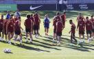 Sesión matinal del Atlético de Madrid este matres, un día antes del estreno en la Liga de Campeones contra el Oporto