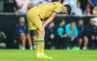 Robert Lewandowski, exhausto al finalizar el choque liguero contra el Valencia en Mestalla