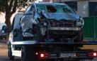 Vehículo involucrado en el atropello mortal de cuatro personas en Torrejón, este domingo a su llegada al cuartel de la Guardia Civil de Seseña