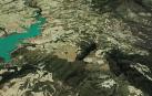 EMBALSE DE ALLOZ Y SUPERFICIE QUEMADA DE LOS INCENDIOS DE LA ZONA MEDIA. Las capturas fotográficas realizadas el pasado mes de julio permiten observar la superficie quemada (a la derecha) en los incendios de Puente la Reina, Obanos, Legarda y otras localidades de la Zona Media. A la izquierda de la imagen, el agua del embalse de Alloz