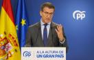 Alberto Núñez Feijóo, durante su comparecencia este martes en la sede del PP