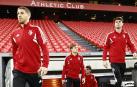 Brasanc, Pablo Ibáñez, Aimar Oroz y Juan Pérez, antes del calentamiento