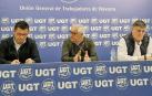 Eduardo Abad, presidente de UPTA; Jesús Santos, secretario general de UGT Navarra; y Javier Marzo, responsable de Organización de UPTA Navarra, durante la rueda de prensa de este jueves