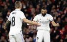 Kroos y Benzema celebran un tanto anotado en un choque anterior del Real Madrid.