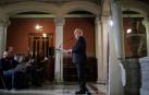El director de la Real Academia Española (RAE), Santiago Muñoz Machado, comparece tras el pleno en la Real Academia Española