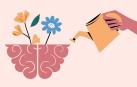 Ilustración de una regadera aportándole agua a un cerebro con flores