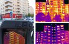 En la imagen de la izquierda se aprecia cómo se realizan las inspecciones termográficas. Las dos fotografías de la derecha  corresponden a  una zona de Pamplona en la que han realizado varios proyectos de envolventes. La imagen superior, un edificio sin rehabilitar. En la inferior, un edificio contigo que ya ha sido rehabilitado con una nueva fachada con aislamiento térmico.