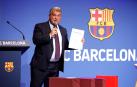 El presidente del FC Barcelona, Joan Laporta, durante la multitudinaria comparecencia ante los medios para abordar el 'Caso Negreira'