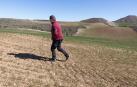 Un agricultor observa sus campos de trigo agostados por la sequía en el término de Urrutia de Tudela