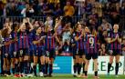 Las futbolistas del Barça celebran su victoria frente al Chelsea