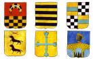 Primera fila, de izq. a dcha.: escudo de Borda, escudo de Burdaspal y escudo de Echebelz. Segunda fila, de izq. a dcha.: escudo de Iribas, escudo de Rada y escudo de Villoch