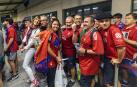 Cientos de aficionados rojillos han salido este sábado a primera hora de la capital navarra para dirigirse a Sevilla, donde asistirán a la final de Copa entre Osasuna y Real Madrid.