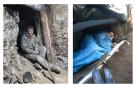 A la izq., Sergiy, sobrino de Natalya, en Bajmut. A la dcha.; Rusian duerme en Donetsk, en un saco enviado de Pamplona