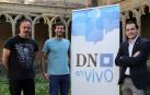 De izda. a dcha., en el claustro del Carmen de Sangüesa, los candidatos José Félix Ojer (PSN), Miguel Erdozain (EH Bildu) y Javier Solozábal (AISS)