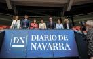 Desde la izquierda, Chivite (PSN), García (PP), Barkos (Geroa Bai), Aznal (Bildu), Esparza (UPN), Alfaro (Contigo Navarra) y Pérez-Nievas (Ciudadanos), el pasado martes en El Sadar