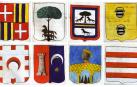 Escudos de la calle pamplonesa de San Antón. De izda. a dcha., arriba, Aldaz, Antoñana, Bayona y Echálaz. En la fila inferior, Echauri, Eguiarreta, Gayarre y Huici