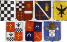 Escudos de la calle pamplonesa de San Antón. De izda. a dcha., arriba, Iribarren, Lorente, Monzón, Motza, Olazagutía, Ruiz de Murillo y Tabar