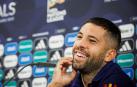 El defensa de la selección española, Jordi Alba durante la rueda de prensa tras el entrenamiento para preparar las semifinales de la Liga de las Naciones