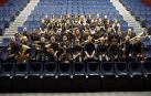 Integrantes actuales de la Banda de Música de Aoiz, fotografiados antes de ofrecer un concierto este año en la casa de cultura