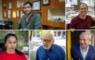 El joyero argentino Tomás Fischer, en su tienda de la calle Sangüesa; Eneko Goñi, ingeniero; la peluquera Yamile Huérfano, Jesús Sarasate (90 años) y Goyo Lacunza, de ‘La servi’