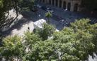 Imagen de algunos de los árboles (en primer término) que se talarán o trasplantarán, según el proyecto de parking de la calle Sangüesa