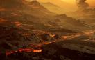 Representación artística de la superficie del planeta Su (Gliese 486b) a unos 430 °C, con un un paisaje similar al de Venus pero atravesado por flujos de lava resplandecientes