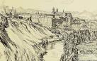 Muirhead y Gertrude Bone. “The River and Cathedral, Pamplona”. Detalle de una ilustración del libro “Old Spain”